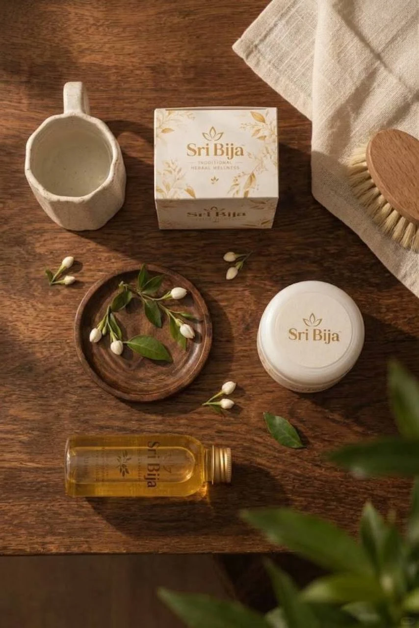 Sri Bija bottle, jar and botanical box arranged on a wooden table with a ceramic cup, flowers and linen